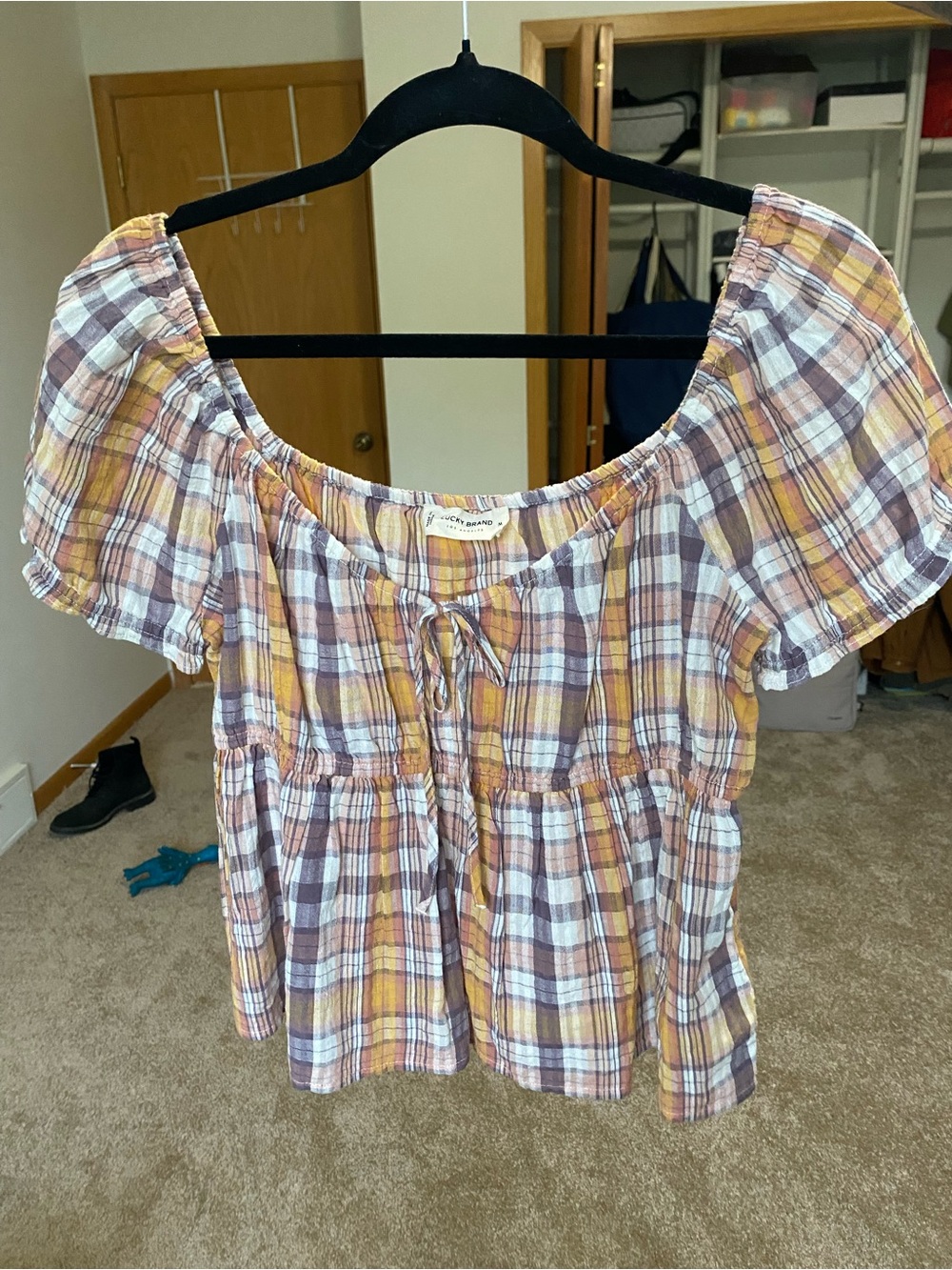 Lucky Brand Yellow, Purple & Cream Plaid Peasant Blouse